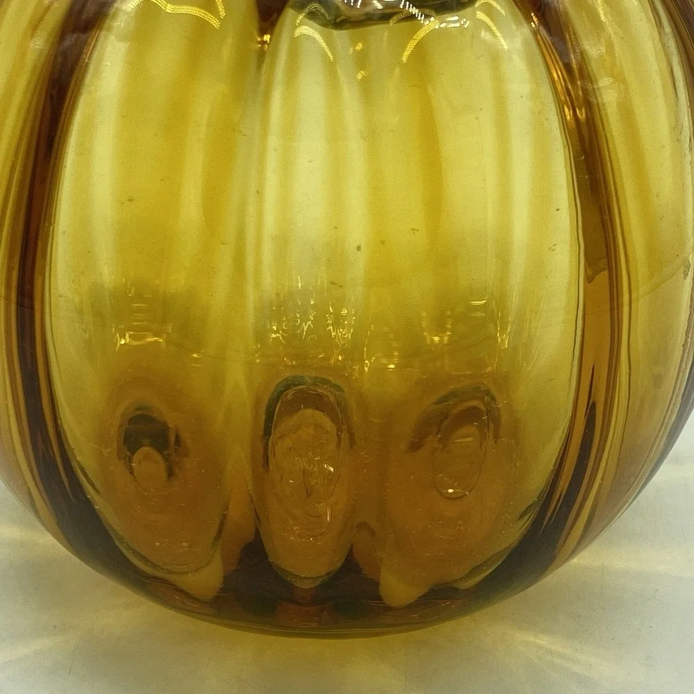 Hand Blown Glass Pumpkin Optic Amber with Topaz Stem 6